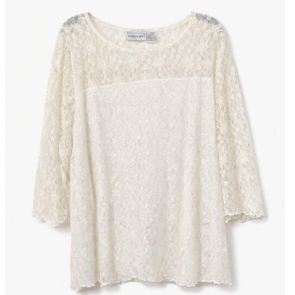 Cream Floral Stretch Lace Tunic Blouse Plus‎ 30/32W Sheer Sleeves Lined Boho